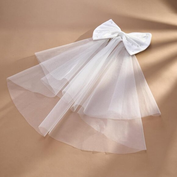 🆕 Women White Hair Bow Veil Bow Clip Bachelorette Decorations Pearl Accessories - Picture 6 of 9